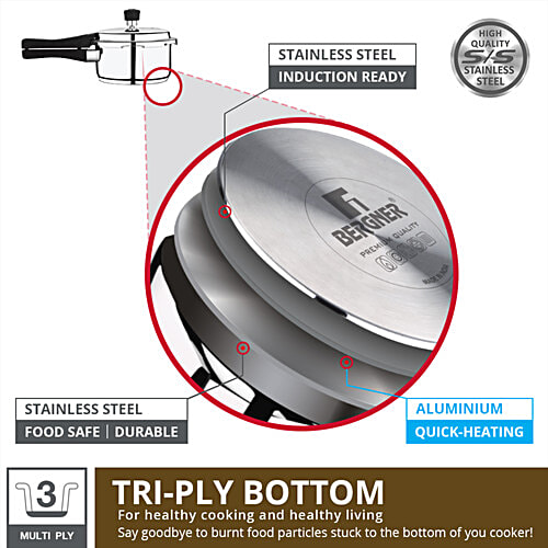 Bergner Sorrento Stainless Steel Pressure Cooker With Outer Lid - Triply Bottom, Induction Base, 5 Year Warranty, Silver, 2 L