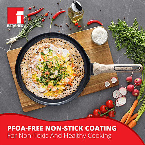 Bergner Ultimate ILag Marble Non-Stick Tawa / Dosa Tawa, 28 cm, Induction Base, Wooden Soft Touch Handle, Food Safe PFOA Free, Thickness 3.5mm, Grey, 1 pc 1 Year Warranty