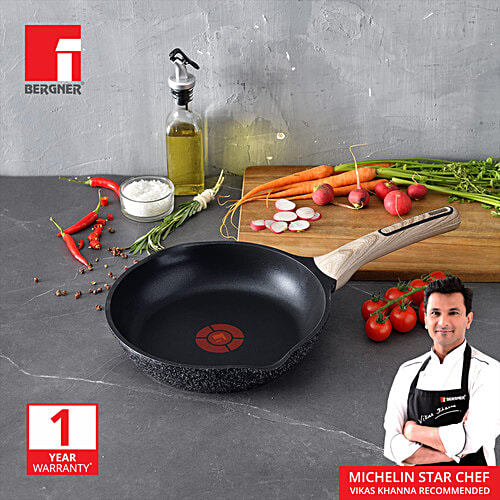 Bergner Ultimate ILag Marble Non-Stick Fry Pan/Frying Pan, 20 cm, Induction Base, Wooden Soft Touch Handle, Food Safe PFOA Free, Thickness 4.5mm, Grey, 1.2 l  1 Year Warranty,