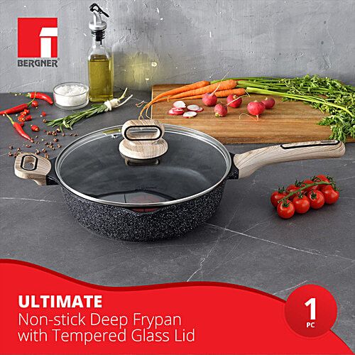 Bergner Ultimate ILag Marble Non-Stick Deep Fry Pan With Glass Lid 28 cm - Induction Base, Wooden Soft Touch Handle, Food Safe PFOA Free, Thickness 4.5mm, Grey, 3.2 l  1 Year Warranty