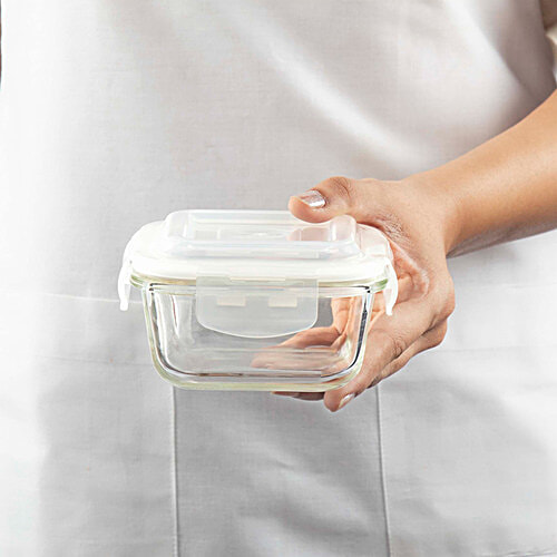 Borosil Grace Square Transparent Glass Tiffin Box With Navy Blue Bag, 320 ml (Set of 3) Leak Proof, Air Tight Lid