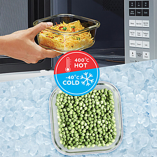 Borosil Grace Square Transparent Glass Tiffin Box With Navy Blue Bag, 320 ml (Set of 3) Leak Proof, Air Tight Lid