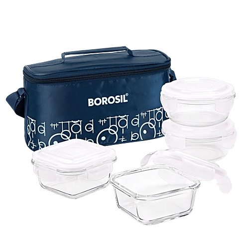 Borosil Grace Transparent Glass Tiffin Box With Navy Blue Bag, 4 pcs (320 ml x 2 + 240 ml x 2) Leak Proof, Air Tight Lid