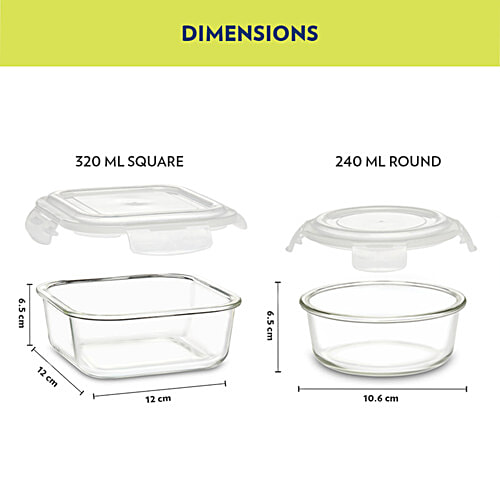 Borosil Grace Transparent Glass Tiffin Box With Navy Blue Bag, 4 pcs (320 ml x 2 + 240 ml x 2) Leak Proof, Air Tight Lid