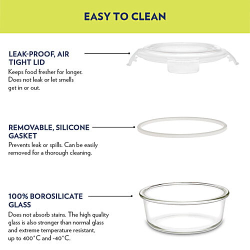 Borosil Grace Transparent Glass Tiffin Box With Navy Blue Bag, 4 pcs (320 ml x 2 + 240 ml x 2) Leak Proof, Air Tight Lid