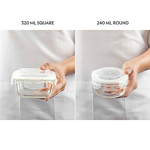 Borosil Grace Transparent Glass Tiffin Box With Navy Blue Bag, 4 pcs (320 ml x 2 + 240 ml x 2) Leak Proof, Air Tight Lid