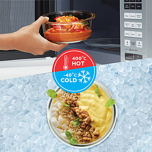 Borosil Grace Transparent Glass Tiffin Box With Navy Blue Bag, 4 pcs (320 ml x 2 + 240 ml x 2) Leak Proof, Air Tight Lid