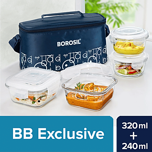 Borosil Grace Transparent Glass Tiffin Box With Navy Blue Bag, 4 pcs (320 ml x 2 + 240 ml x 2) Leak Proof, Air Tight Lid