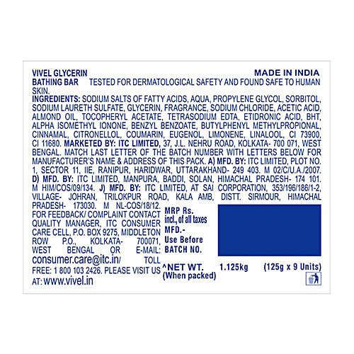 Vivel Glycerin Bathing Bar - With Almond Oil & Vitamin E, 125 g Mega Pack of 9 With Pure Almond Oil & Vitamin E, Special Pack