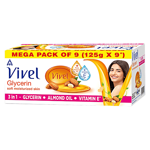 Vivel Glycerin Bathing Bar - With Almond Oil & Vitamin E, 125 g Mega Pack of 9 With Pure Almond Oil & Vitamin E, Special Pack