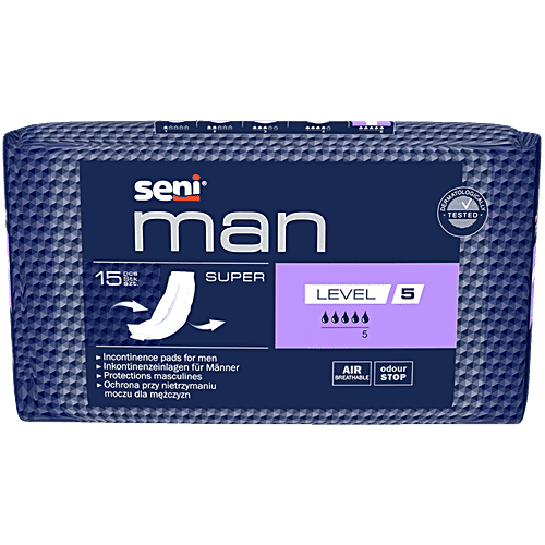 Seni Man Bladder Control Normal Pads - Level 5, Dermatologically Tested, 15 pcs Urinary Incontinence Pads, Air Breathable, Odour Stop, Extra Dry System