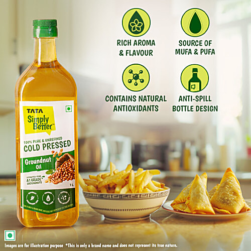 Tata Simply Better Pure & Unrefined Cold Pressed Groundnut Oil, 1 L  Extracted From A1 Grade Groundnuts, Cholesterol Free, Provides Omega-6 & PUFA, Use in Daily Cooking, Multipurpose Usage