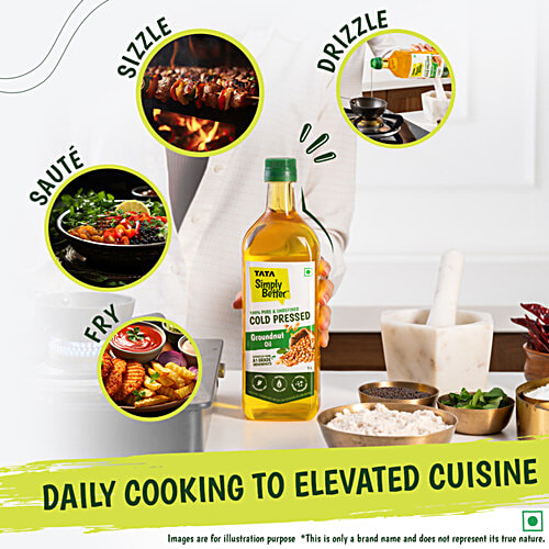 Tata Simply Better Pure & Unrefined Cold Pressed Groundnut Oil, 1 L  Extracted From A1 Grade Groundnuts, Cholesterol Free, Provides Omega-6 & PUFA, Use in Daily Cooking, Multipurpose Usage