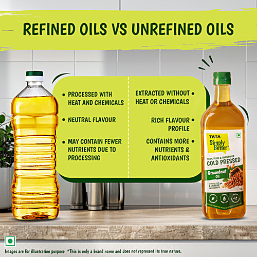 Tata Simply Better Pure & Unrefined Cold Pressed Groundnut Oil, 1 L  Extracted From A1 Grade Groundnuts, Cholesterol Free, Provides Omega-6 & PUFA, Use in Daily Cooking, Multipurpose Usage