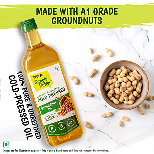 Tata Simply Better Pure & Unrefined Cold Pressed Groundnut Oil, 1 L  Extracted From A1 Grade Groundnuts, Cholesterol Free, Provides Omega-6 & PUFA, Use in Daily Cooking, Multipurpose Usage