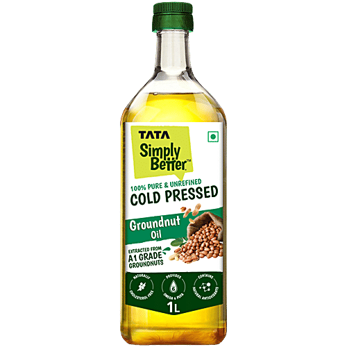 Tata Simply Better Pure & Unrefined Cold Pressed Groundnut Oil, 1 L  Extracted From A1 Grade Groundnuts, Cholesterol Free, Provides Omega-6 & PUFA, Use in Daily Cooking, Multipurpose Usage