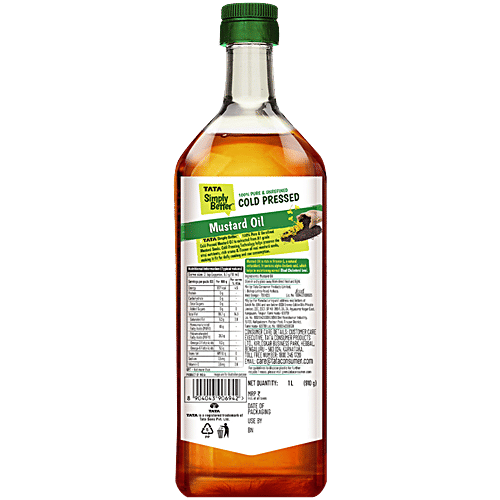 Tata Simply Better Pure & Unrefined Cold Pressed Mustard Oil, 1 L  Extracted From A1 Grade Mustard Seeds, Cholesterol Free, Provides Omega-3 PUFA