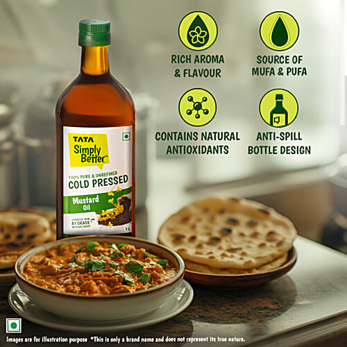 Tata Simply Better Pure & Unrefined Cold Pressed Mustard Oil, 1 L  Extracted From A1 Grade Mustard Seeds, Cholesterol Free, Provides Omega-3 PUFA