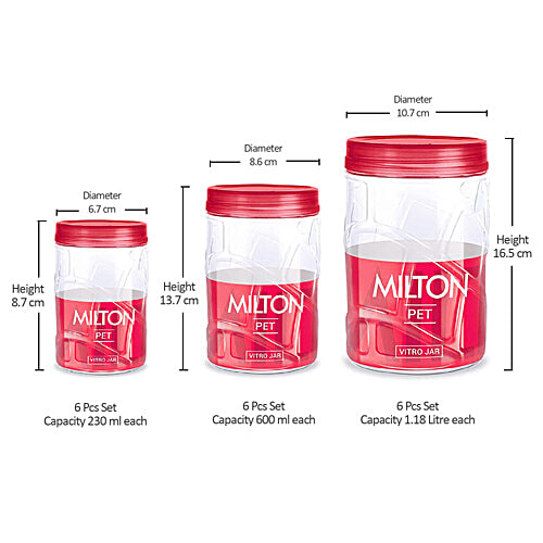 Milton Vitro Plastic Pet Storage Jar & Container - Red Wine, 18 pcs (6 pcs x 230 ml each, 6 pcs x 600 ml each, 6 pcs x 1.18 L each)
