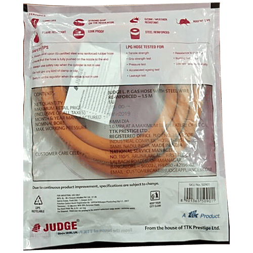 Judge by Prestige LPG Hose With Steel Reinforced Wire 1.5 m, 1 pc Leak Proof, Steel Reinforced, Rodent Safe, Long Life, Strong Grip, Flame Resistant