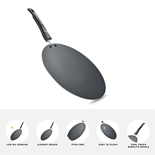 Judge by Prestige Everyday Aluminium Non-Stick Cookware Concave Tawa 25 cm - Black, 1 pc (Free Spatula & Scrub) PFOA Free, Bakelite handle, Low Oil Cooking