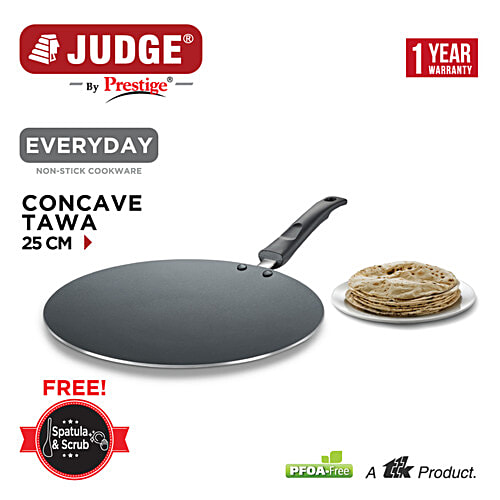 Judge by Prestige Everyday Aluminium Non-Stick Cookware Concave Tawa 25 cm - Black, 1 pc (Free Spatula & Scrub) PFOA Free, Bakelite handle, Low Oil Cooking
