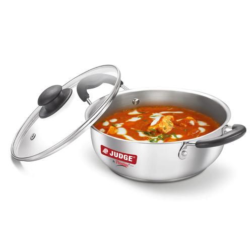 Judge by Prestige Classic Stainless Steel Kadai 24 Cm With Glass Lid, 3 L  Heat Resistant Handles, Sandwich Base, Cook & Serve, Glass Lid, Stainless Steel