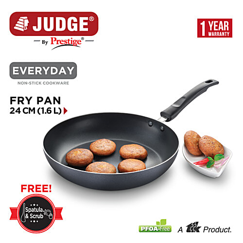 Judge by Prestige Everyday Aluminium Non-Stick Cookware Fry Pan 24 cm - Black, 1.6 l (Free Spatula & Scrub) Low Oil Cooking, Elegant Design, Easy To Clean, Bakelite Handle