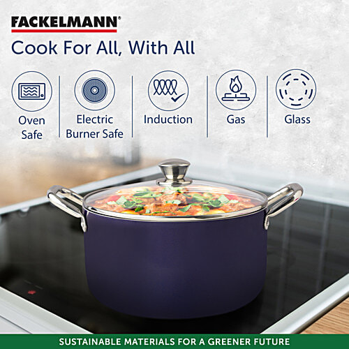 Fackelmann Ceramic Nonstick Biryani Pot, Handi Casserole With Glass Lid 24 cm - German Technology, Non-Toxic, 3 L PFOA, BPA & Nickel-Free, Induction Base - All Stoves, Even Heating, Lasagna, Chicken & Rice, Macaroni and Cheese