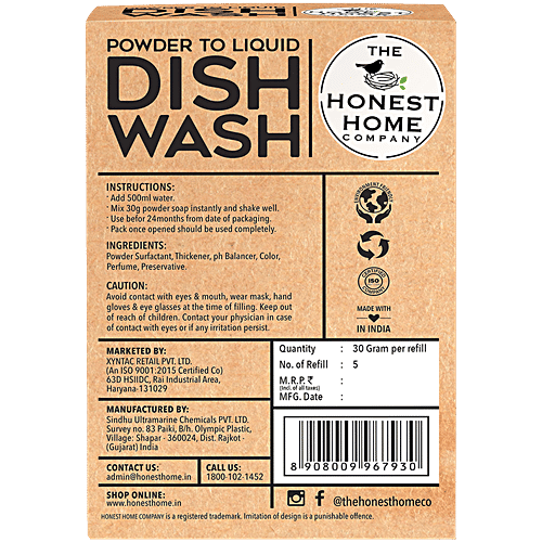 The Honest Home Company Powder To Liquid Dishwash - Makes Up To 2.5 Litres, 150 g (5 pcs x 30 g each) Mix Powder With Water To Create Liquid Dishwash