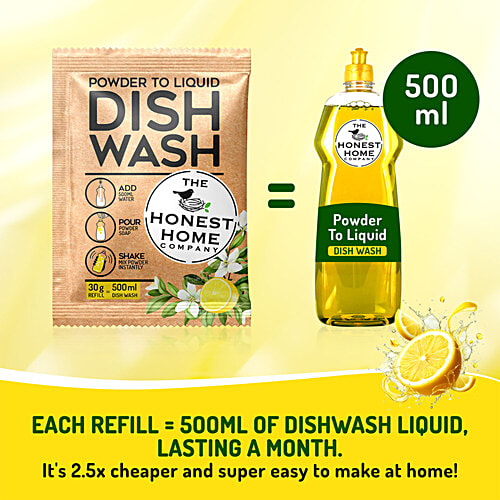 The Honest Home Company Powder To Liquid Dishwash - Makes Up To 2.5 Litres, 150 g (5 pcs x 30 g each) Mix Powder With Water To Create Liquid Dishwash