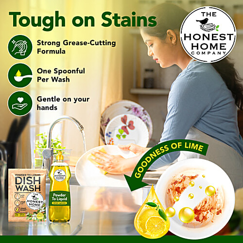 The Honest Home Company Powder To Liquid Dishwash - Makes Up To 2.5 Litres, 150 g (5 pcs x 30 g each) Mix Powder With Water To Create Liquid Dishwash