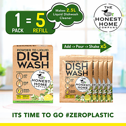 The Honest Home Company Powder To Liquid Dishwash - Makes Up To 2.5 Litres, 150 g (5 pcs x 30 g each) Mix Powder With Water To Create Liquid Dishwash
