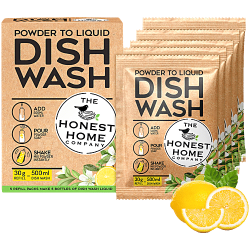 The Honest Home Company Powder To Liquid Dishwash - Makes Up To 2.5 Litres, 150 g (5 pcs x 30 g each) Mix Powder With Water To Create Liquid Dishwash