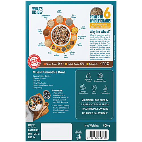 Pintola Whole Grain & Seeds Muesli - With 33% Millet, 20% Nuts & Seeds & 6% Dates, 800 g Natural
Whole Grains
Nuts & Seeds