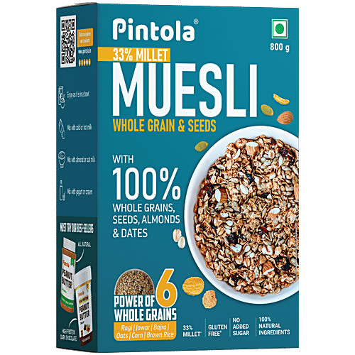Pintola Whole Grain & Seeds Muesli - With 33% Millet, 20% Nuts & Seeds & 6% Dates, 800 g Natural
Whole Grains
Nuts & Seeds