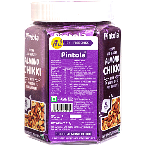 Pintola Almond Chikki, 325 g (13 pcs x 25 g each) Natural, Nutritious Chikki, No Glucose Syrup, No Preservatives