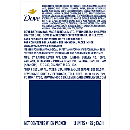 Dove Sandalwood Bar for Glowing Skin with Natural Origin Sandalwood & Saffron Extracts PO3, 125 g (Pack of 3) Dermatologically Tested, Moisturising Cream