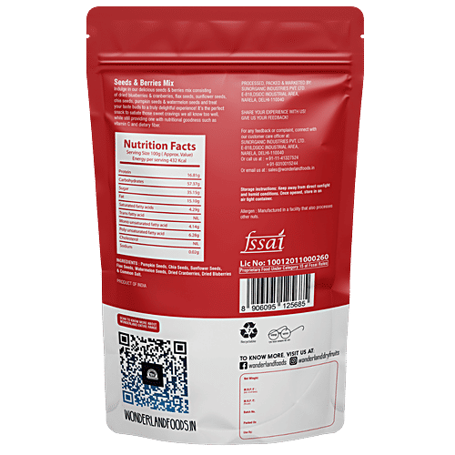 Wonderland Foods Seeds & Berries Mix With Seeds Of Pumpkin, Chia, Sunflower, Flax & Watermelon, Dried Cranberries & Blueberries, 200 g