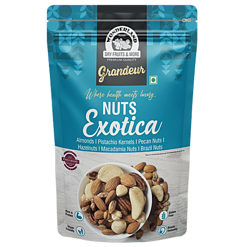 Wonderland Foods Nuts Exotica Mix - Almonds, Pistachio, Pecan, Hazel, Macadamia, & Brazil Nuts, 200 g Rich In Protein, Vegan Friendly, Gluten Free, Boosts Immunity