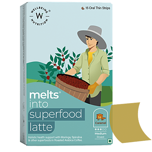 Wellbeing Nutrition Melts Superfood Latte Coffee Oral Thin Strips - Caramel, Medium Roast, 15 pcs  