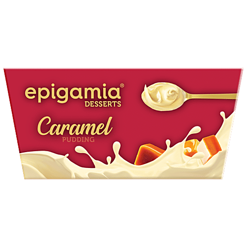Epigamia Desserts Caramel Pudding, 70 g Made With 80% Milk, No Preservatives, Spoon inside
