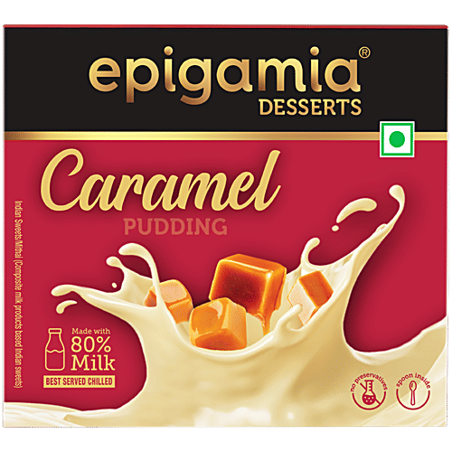 Epigamia Desserts Caramel Pudding, 70 g Made With 80% Milk, No Preservatives, Spoon inside