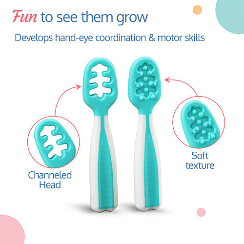 LuvLap Yum Yum Weaning Pre-Spoon - Green, 2 pcs  Baby Utensil, Soft Texture, Contoured Handle, Dimpled Head,