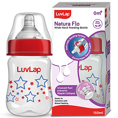 LuvLap Natura Flo Glass Feeding Bottle - Stars, Red & Blue, 150 ml  Medium Flow Teat
