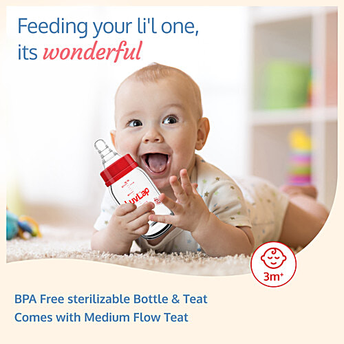 LuvLap Essential Slim Neck Glass Feeding Bottle - 0+M, Red, 125 ml  100% Borosilicate Glass, Anti-colic, BPA Free