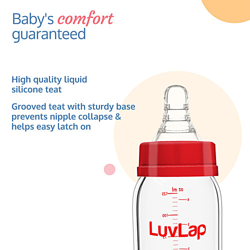 LuvLap Essential Slim Neck Glass Feeding Bottle - 0+M, Red, 125 ml  100% Borosilicate Glass, Anti-colic, BPA Free