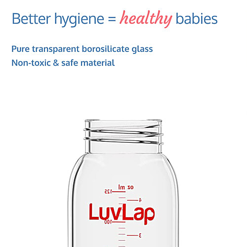 LuvLap Essential Slim Neck Glass Feeding Bottle - 0+M, Red, 125 ml  100% Borosilicate Glass, Anti-colic, BPA Free