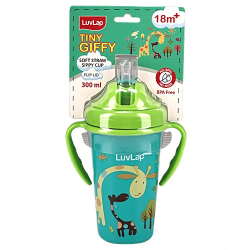 LuvLap Tiny Giffy Sippy Plastic Cup - With Silicone Straw, Flip Lid, 18M+, Green, 300 ml  BPA Free, No Spill, No Mess
