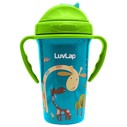 LuvLap Tiny Giffy Sippy Plastic Cup - With Silicone Straw, Flip Lid, 18M+, Green, 300 ml  BPA Free, No Spill, No Mess